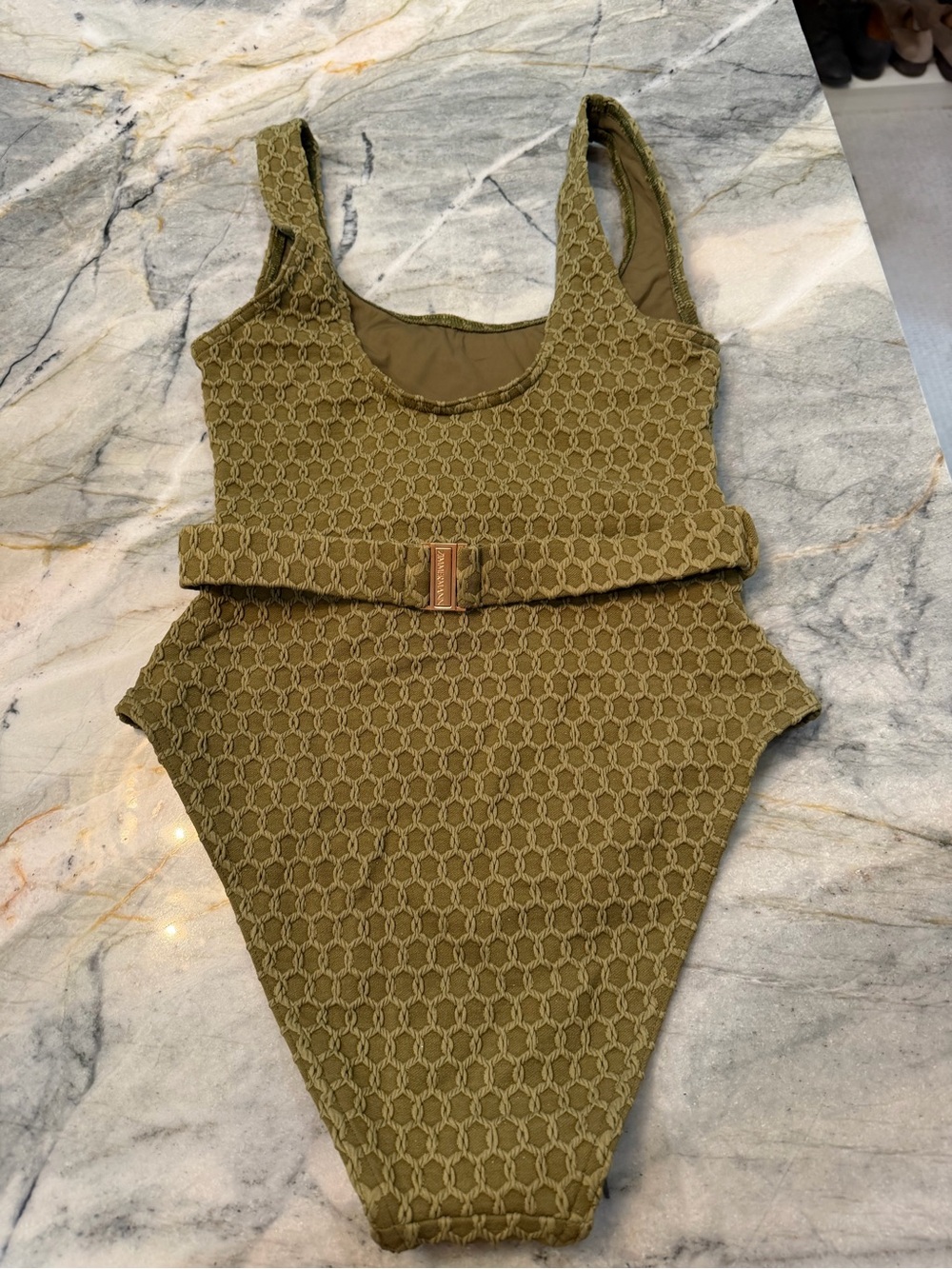 Zimmermann Khaki Textured One-Piece Swimsuit with Tortoiseshell Buckle - Picture 2 of 3